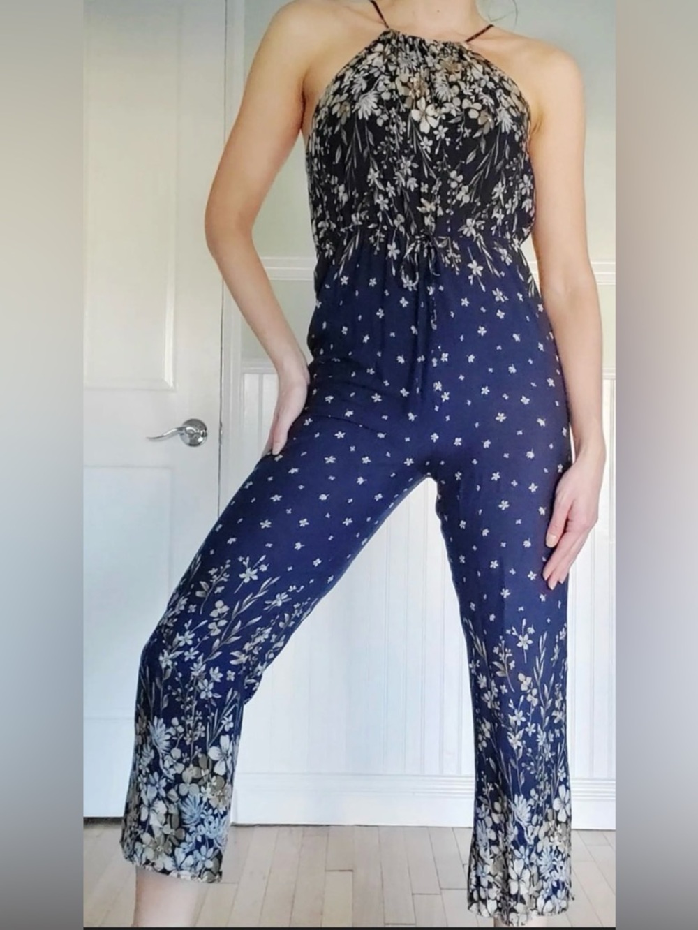 Navy Floral Spaghetti-Strap Jumpsuit